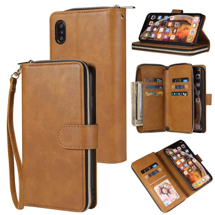 For iPhone X / XS Zipper Wallet Bag Horizontal Flip PU Leather Case with Holder & 9 Card Slots & Wallet & Lanyard & Photo Frame(Brown) - More iPhone Cases by buy2fix | Online Shopping UK | buy2fix