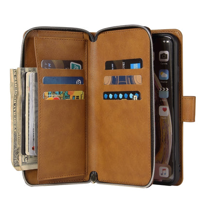 For iPhone X / XS Zipper Wallet Bag Horizontal Flip PU Leather Case with Holder & 9 Card Slots & Wallet & Lanyard & Photo Frame(Brown) - More iPhone Cases by buy2fix | Online Shopping UK | buy2fix
