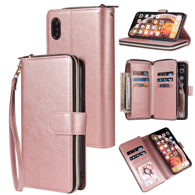 For iPhone XR Zipper Wallet Bag Horizontal Flip PU Leather Case with Holder & 9 Card Slots & Wallet & Lanyard & Photo Frame(Rose Gold) - More iPhone Cases by buy2fix | Online Shopping UK | buy2fix