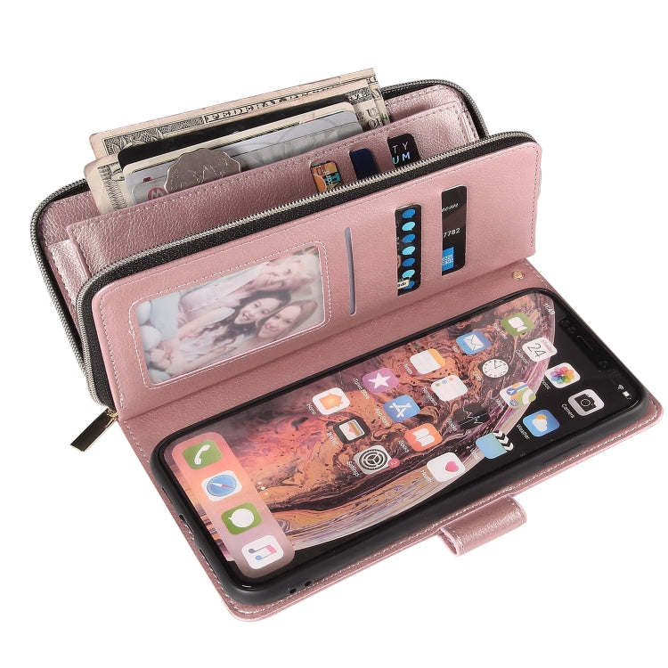 For iPhone XR Zipper Wallet Bag Horizontal Flip PU Leather Case with Holder & 9 Card Slots & Wallet & Lanyard & Photo Frame(Rose Gold) - More iPhone Cases by buy2fix | Online Shopping UK | buy2fix