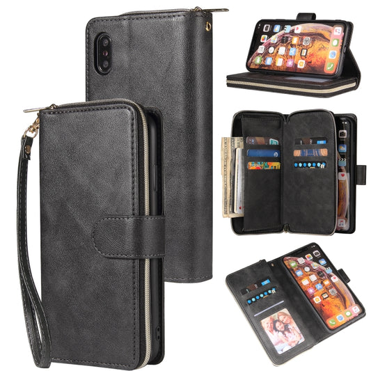 For iPhone XR Zipper Wallet Bag Horizontal Flip PU Leather Case with Holder & 9 Card Slots & Wallet & Lanyard & Photo Frame(Black) - More iPhone Cases by buy2fix | Online Shopping UK | buy2fix