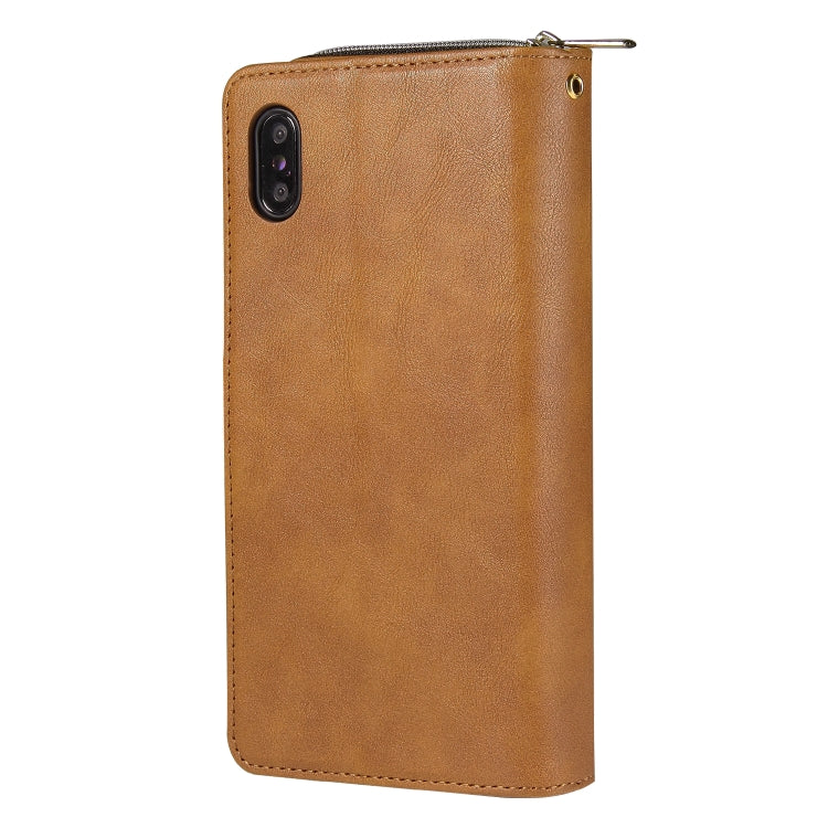 For iPhone XR Zipper Wallet Bag Horizontal Flip PU Leather Case with Holder & 9 Card Slots & Wallet & Lanyard & Photo Frame(Brown) - More iPhone Cases by buy2fix | Online Shopping UK | buy2fix