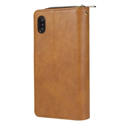 For iPhone XR Zipper Wallet Bag Horizontal Flip PU Leather Case with Holder & 9 Card Slots & Wallet & Lanyard & Photo Frame(Brown) - More iPhone Cases by buy2fix | Online Shopping UK | buy2fix
