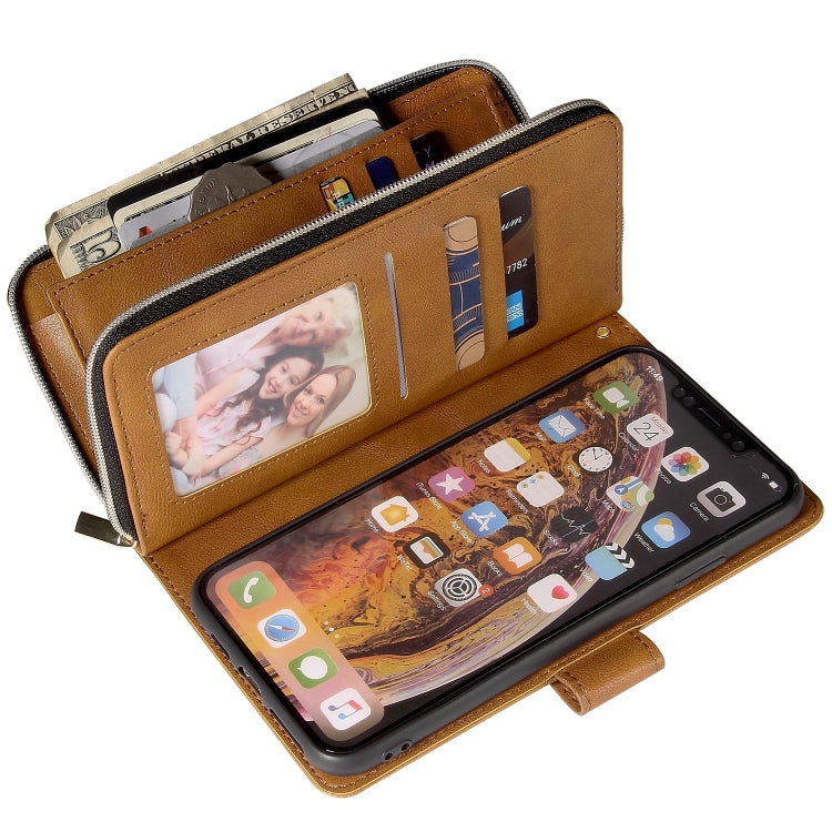 For iPhone XR Zipper Wallet Bag Horizontal Flip PU Leather Case with Holder & 9 Card Slots & Wallet & Lanyard & Photo Frame(Brown) - More iPhone Cases by buy2fix | Online Shopping UK | buy2fix