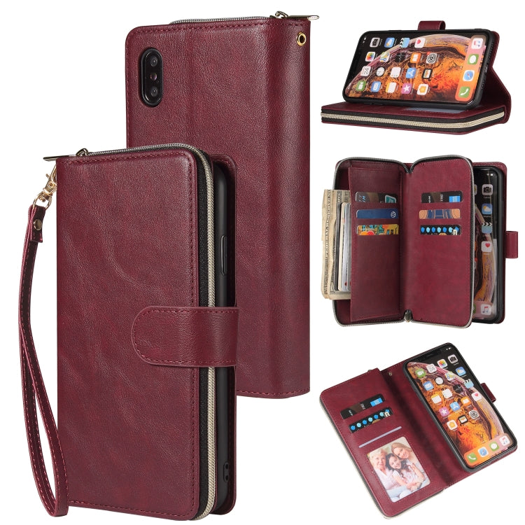 For iPhone XS Max Zipper Wallet Bag Horizontal Flip PU Leather Case with Holder & 9 Card Slots & Wallet & Lanyard & Photo Frame(Wine Red) - More iPhone Cases by buy2fix | Online Shopping UK | buy2fix