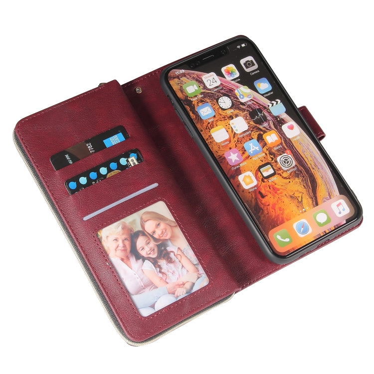 For iPhone XS Max Zipper Wallet Bag Horizontal Flip PU Leather Case with Holder & 9 Card Slots & Wallet & Lanyard & Photo Frame(Wine Red) - More iPhone Cases by buy2fix | Online Shopping UK | buy2fix