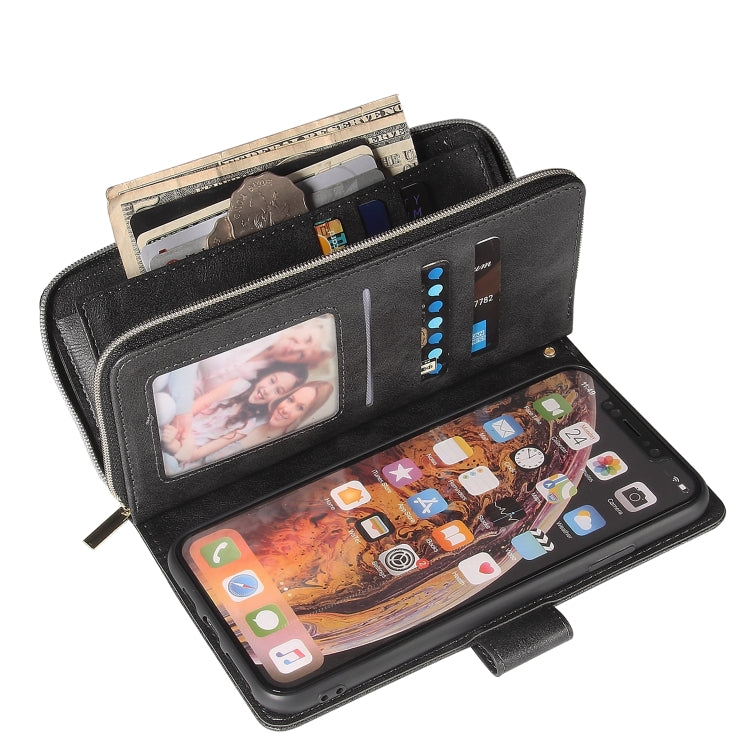 For iPhone XS Max Zipper Wallet Bag Horizontal Flip PU Leather Case with Holder & 9 Card Slots & Wallet & Lanyard & Photo Frame(Black) - More iPhone Cases by buy2fix | Online Shopping UK | buy2fix