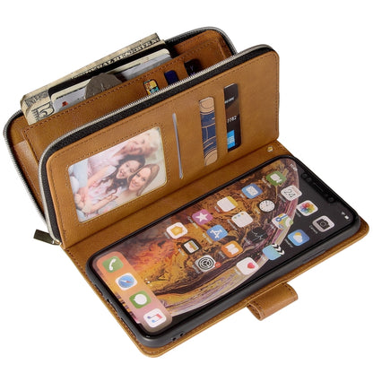 For iPhone XS Max Zipper Wallet Bag Horizontal Flip PU Leather Case with Holder & 9 Card Slots & Wallet & Lanyard & Photo Frame(Brown) - More iPhone Cases by buy2fix | Online Shopping UK | buy2fix