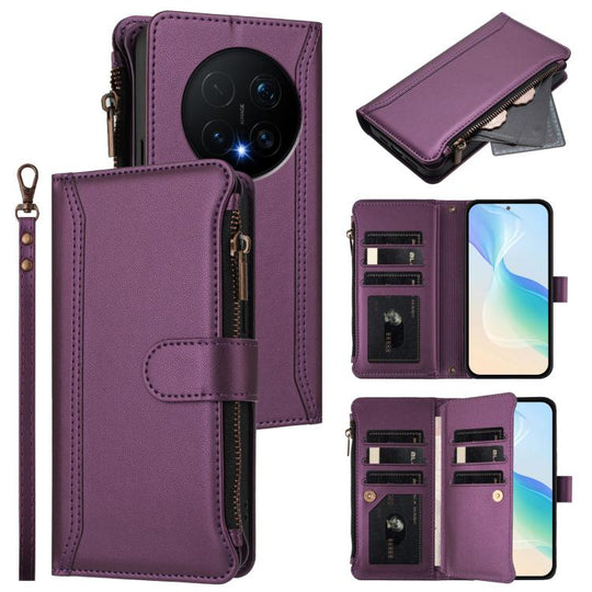 For Honor Magic8 Pro Magnetic Closure 9 Card Slots Zipper Leather Case with Hand Strap(Purple)