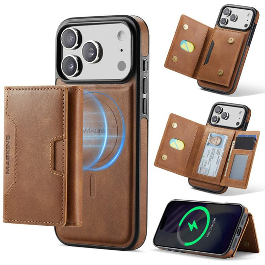 For iPhone 18 Pro Max / 17 Pro Max MAGKING K4 Series MagSafe RFID Tri-fold Card Bag Detachable Phone Case(Brown)