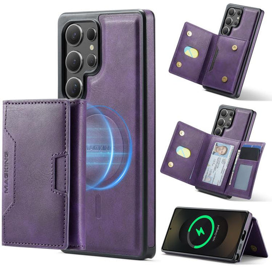 For Samsung Galaxy S25 Ultra 5G MAGKING K4 Series MagSafe RFID Tri-fold Card Bag Detachable Phone Case(Purple)