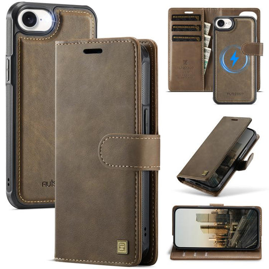 For iPhone 17e / 16e AutSpace A05 2 in 1 Retro Calf Texture MagSafe Magnetic Phone Case(Brown)