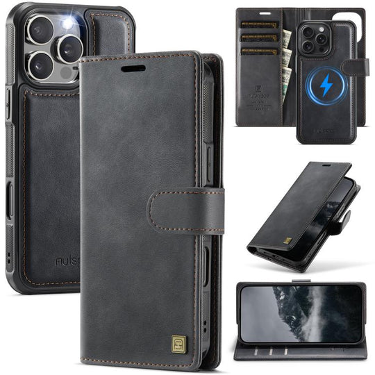 For iPhone 16 Pro Max AutSpace A05 2 in 1 Retro Calf Texture MagSafe Magnetic Phone Case(Black)