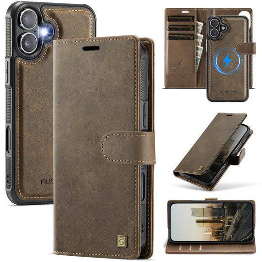 For iPhone 16 Plus AutSpace A05 2 in 1 Retro Calf Texture MagSafe Magnetic Phone Case(Brown)