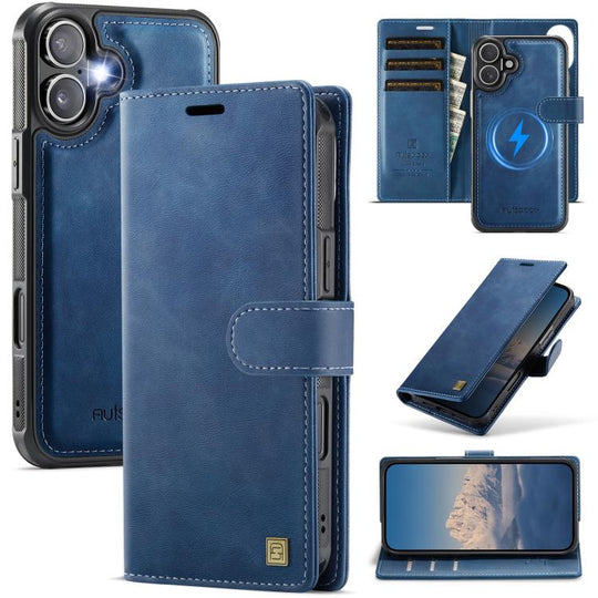 For iPhone 16 AutSpace A05 2 in 1 Retro Calf Texture MagSafe Magnetic Phone Case(Blue)