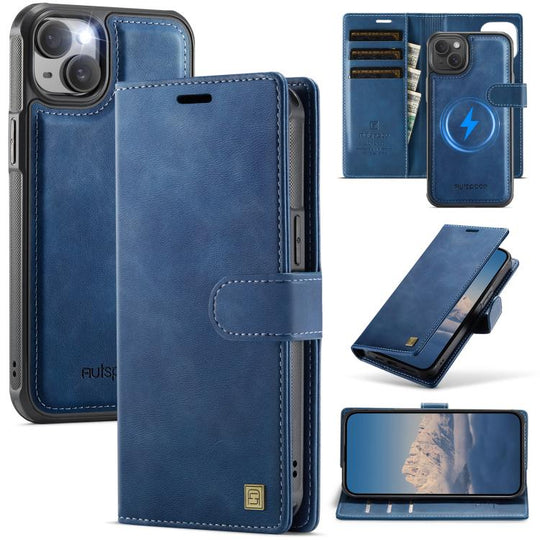 For iPhone 15 AutSpace A05 2 in 1 Retro Calf Texture MagSafe Magnetic Phone Case(Blue)