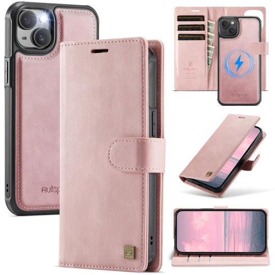 For iPhone 15 AutSpace A05 2 in 1 Retro Calf Texture MagSafe Magnetic Phone Case(Pink)