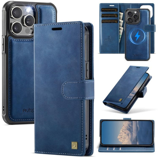 For iPhone 14 Pro AutSpace A05 2 in 1 Retro Calf Texture MagSafe Magnetic Phone Case(Blue)