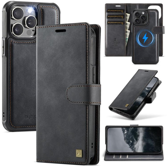 For iPhone 12 / 12 Pro AutSpace A05 2 in 1 Retro Calf Texture MagSafe Magnetic Phone Case(Black)