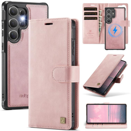 For Samsung Galaxy S24 Ultra 5G AutSpace A05 2 in 1 Retro Calf Texture MagSafe Magnetic Phone Case(Pink)