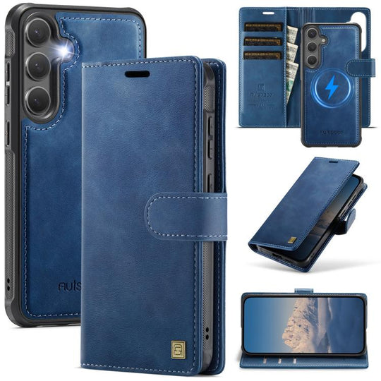 For Samsung Galaxy S25 5G / S24 5G AutSpace A05 2 in 1 Retro Calf Texture MagSafe Magnetic Phone Case(Blue)