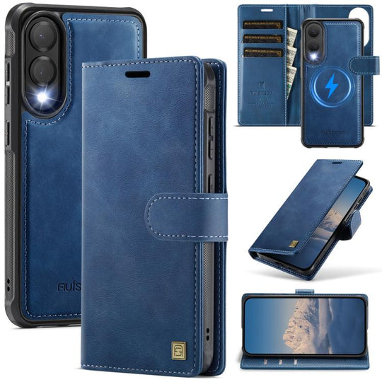 For Samsung Galaxy S25 Edge 5G AutSpace A05 2 in 1 Retro Calf Texture MagSafe Magnetic Phone Case(Blue)