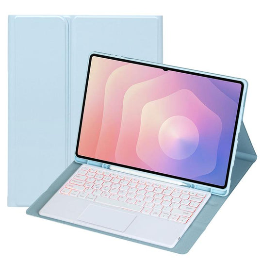 For Samsung Galaxy Tab S11 Ultra Candy Color Touch Backlight Bluetooth Keyboard Leather Tablet Case with Pen Holder(Ice Blue)