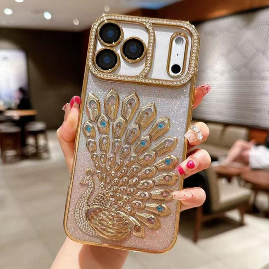For iPhone 17 Pro Max Electroplated TPU Peacock Relief Rhinestone Glitter Phone Case with Lens Film(Gold)