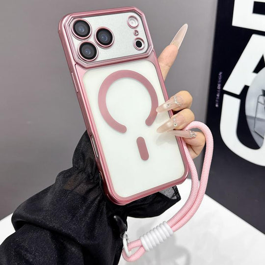 For iPhone 18 Pro Max / 17 Pro Max Large Window Matte Electroplated TPU MagSafe Phone Case with Hand Strap(Pink)