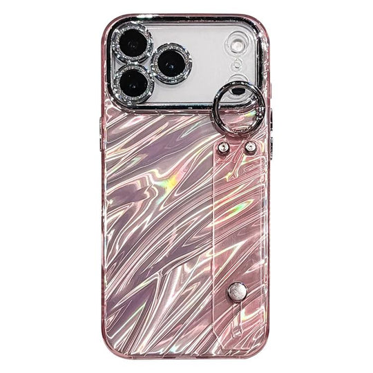 For iPhone 17 Pro Max Plating Ripples Texture Wristband Holder TPU Phone Case with Lens Film(Pink)