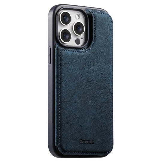 For iPhone 13 Pro Max ESEBLE Retro Texture Double Buckle Card Slot Phone Case(Blue)