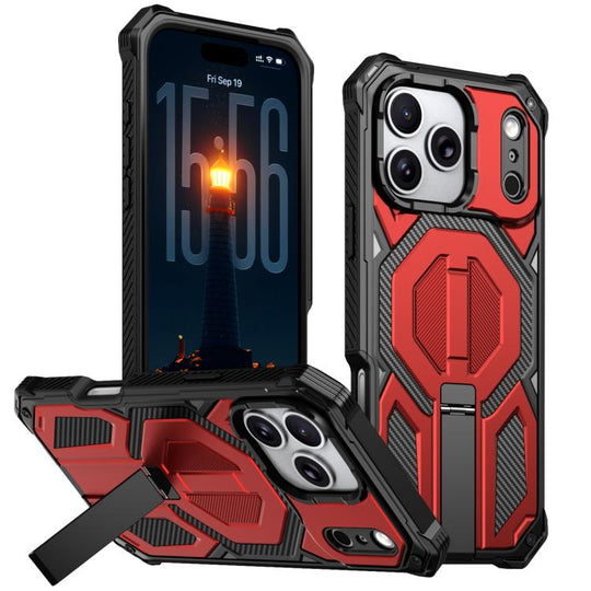 For iPhone 17 Pro Max Hidden Metal Holder Magnetic Shockproof Phone Case(Red)