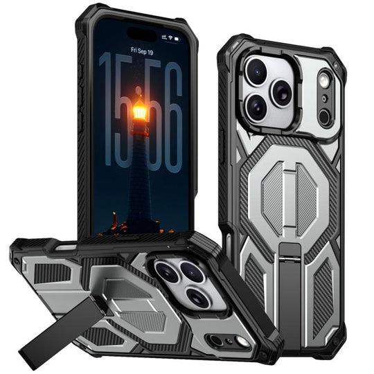For iPhone 17 Pro Max Hidden Metal Holder Magnetic Shockproof Phone Case(Grey)