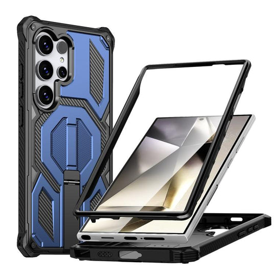 For Samsung Galaxy S24 Ultra 5G Hidden Metal Holder Magnetic Shockproof Phone Case(Navy Blue)