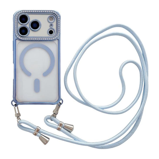 For iPhone 17 Pro Max Rhinestone Clear Acrylic Electroplated Magnetic Phone Case with Neck Lanyard(Blue)