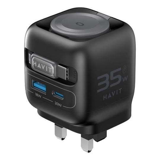 Havit UC250 35W 3 in 1 GaN Travel Charger with Type-C Retractable Cable, Plug:UK Plug(Black)