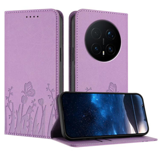 For Honor Magic8 Pro Tulips Butterfly Pattern Magnetic Vegan Leather Phone Case(Light Purple)