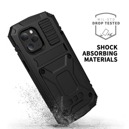 For iPhone 12 / 12 Pro R-JUST Shockproof Waterproof Dust-proof Metal + Silicone Protective Case with Holder(Black) - iPhone 12 / 12 Pro Cases by R-JUST | Online Shopping UK | buy2fix