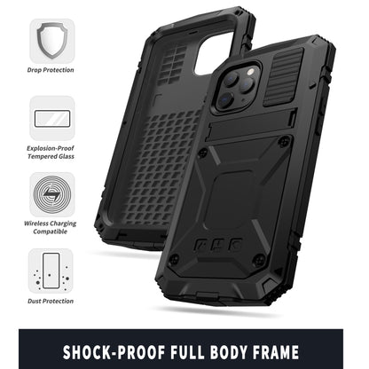 For iPhone 12 / 12 Pro R-JUST Shockproof Waterproof Dust-proof Metal + Silicone Protective Case with Holder(Black) - iPhone 12 / 12 Pro Cases by R-JUST | Online Shopping UK | buy2fix