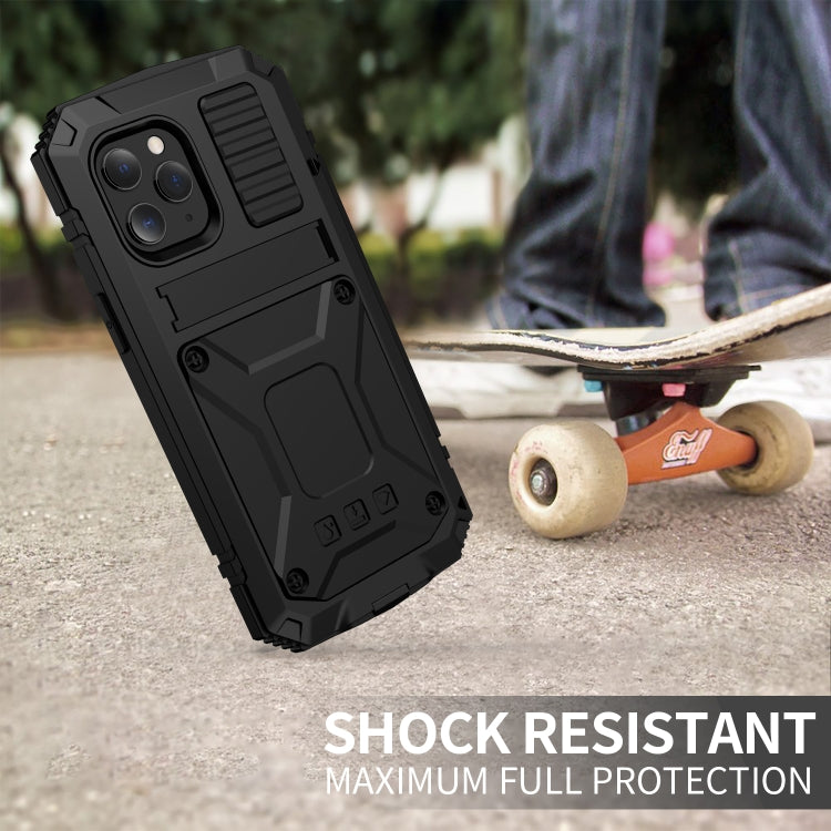 For iPhone 12 / 12 Pro R-JUST Shockproof Waterproof Dust-proof Metal + Silicone Protective Case with Holder(Black) - iPhone 12 / 12 Pro Cases by R-JUST | Online Shopping UK | buy2fix