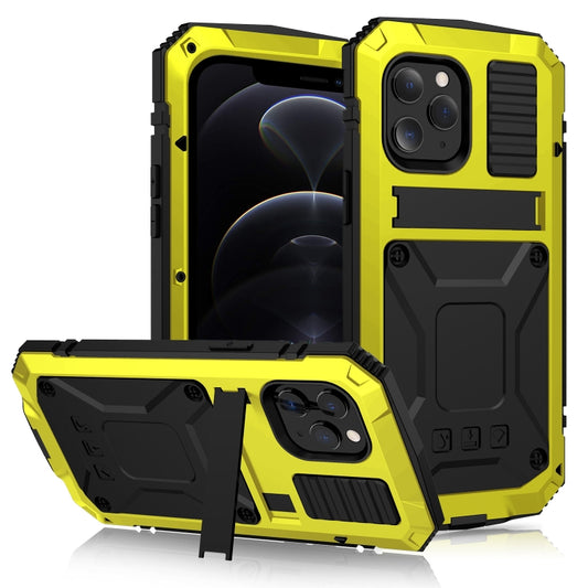 For iPhone 12 / 12 Pro R-JUST Shockproof Waterproof Dust-proof Metal + Silicone Protective Case with Holder(Yellow) - iPhone 12 / 12 Pro Cases by R-JUST | Online Shopping UK | buy2fix
