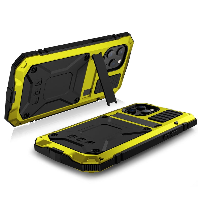 For iPhone 12 / 12 Pro R-JUST Shockproof Waterproof Dust-proof Metal + Silicone Protective Case with Holder(Yellow) - iPhone 12 / 12 Pro Cases by R-JUST | Online Shopping UK | buy2fix