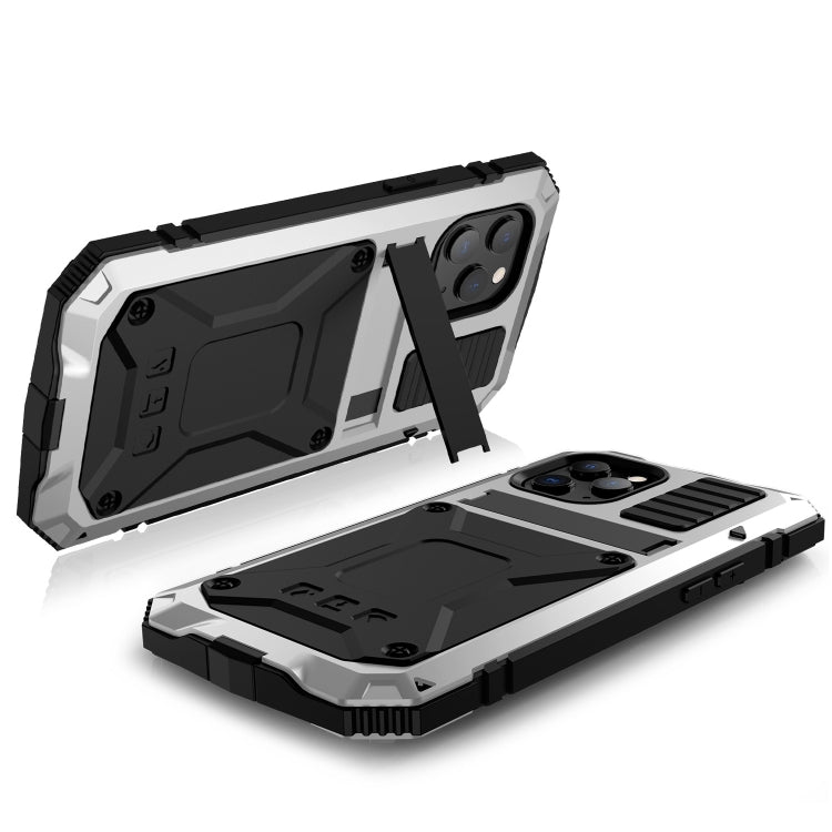 For iPhone 12 / 12 Pro R-JUST Shockproof Waterproof Dust-proof Metal + Silicone Protective Case with Holder(Silver) - iPhone 12 / 12 Pro Cases by R-JUST | Online Shopping UK | buy2fix