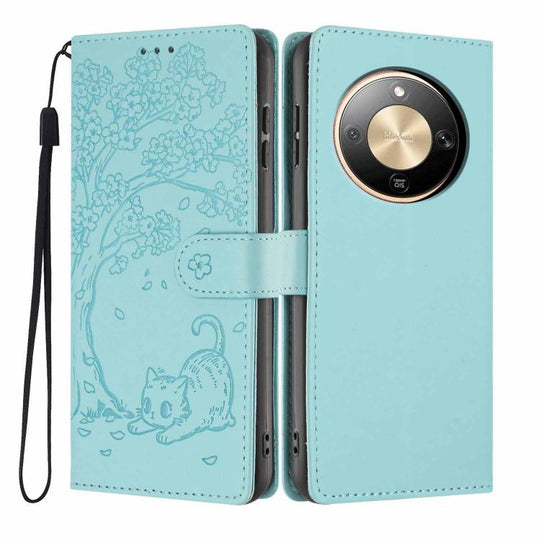 For Honor Magic8 Lite Tree Cat Embossed Flip Vegan Leather Phone Case(Light Green)