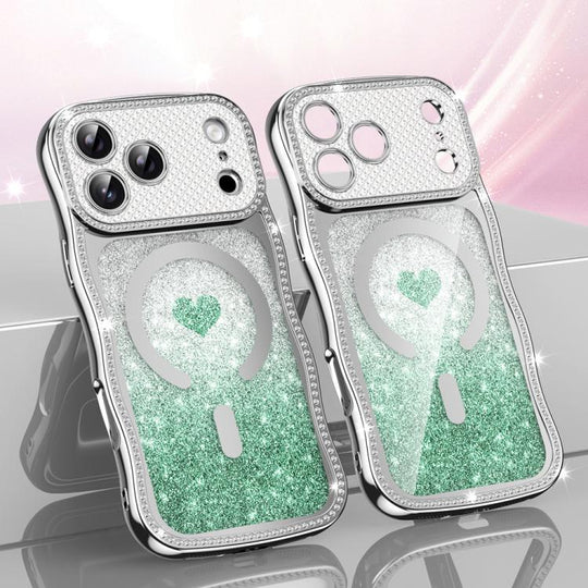 For iPhone 17 Pro Max Wavy Frame Star Diamond Electroplate TPU Glitter Heart Magnetic Phone Case(Gradient Green)
