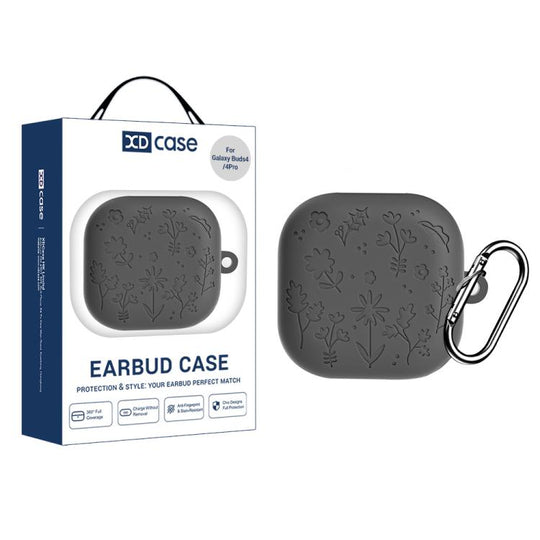 For Samsung Galaxy Buds4 / 4 Pro XDcase Floral Embossing Silicone Earbuds Case with Hook(Dark Grey)