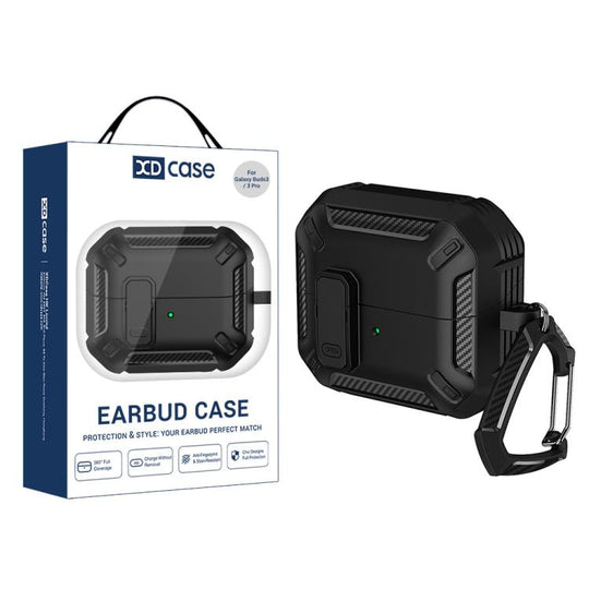 For Samsung Galaxy Buds3 / 3 Pro / 3 FE XDcase Solid Color Security Lock Earbuds Case with Carabiner(Black)