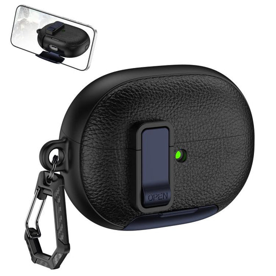For Huawei FreeBuds Pro 5 Leather Texture Wireless Earphones Case with Hook & Holder(Black Dark Blue)