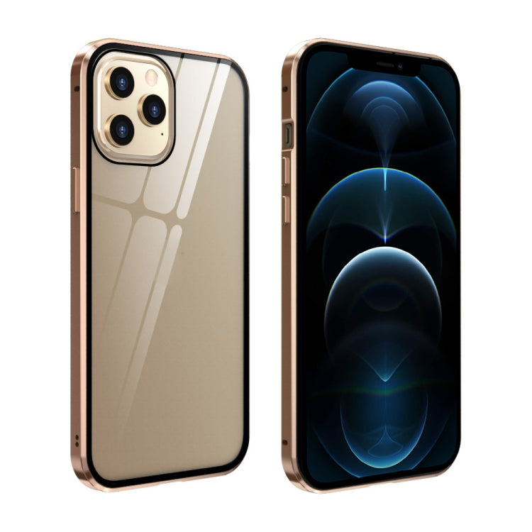 For iPhone 12 Pro Max Double Sides Tempered Glass Magnetic Adsorption Metal Frame Anti-peep Screen Case(Gold) by buy2fix