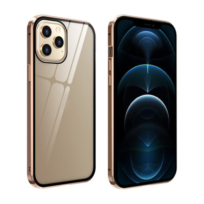For iPhone 12 Pro Max Double Sides Tempered Glass Magnetic Adsorption Metal Frame Anti-peep Screen Case(Gold) by buy2fix
